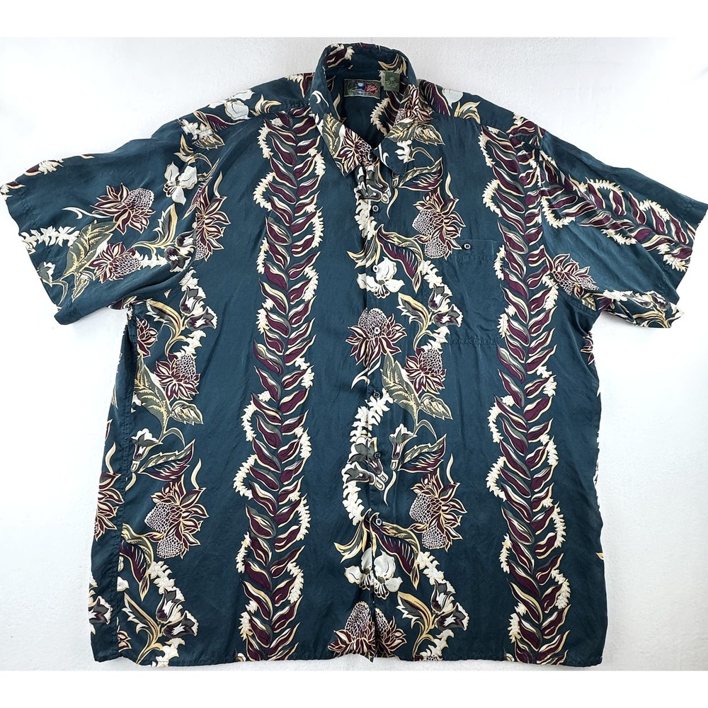 Vintage Hilo Hattie Silk Hawaiian Shirt Mens 3XL Teal Floral Aloha Big Tall